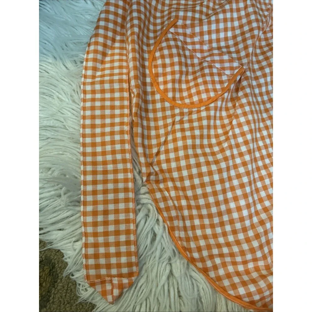 Vintage Gingham Apron Embroidery Orange White Pocket Tie Waist Cottage Core